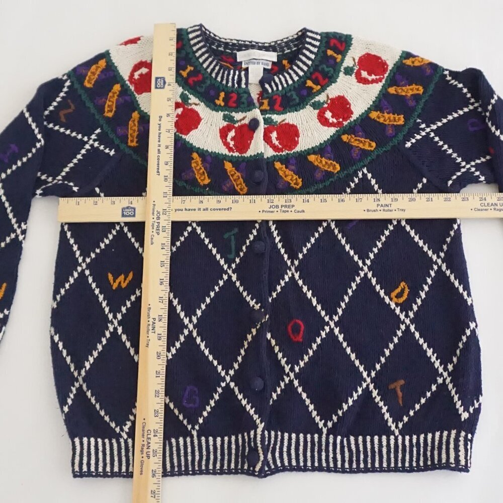 Vintage Cape Isle Knitters Navy Apple Numbers Cotton Hand Knit Blue Cardigan M - Picture 3 of 10